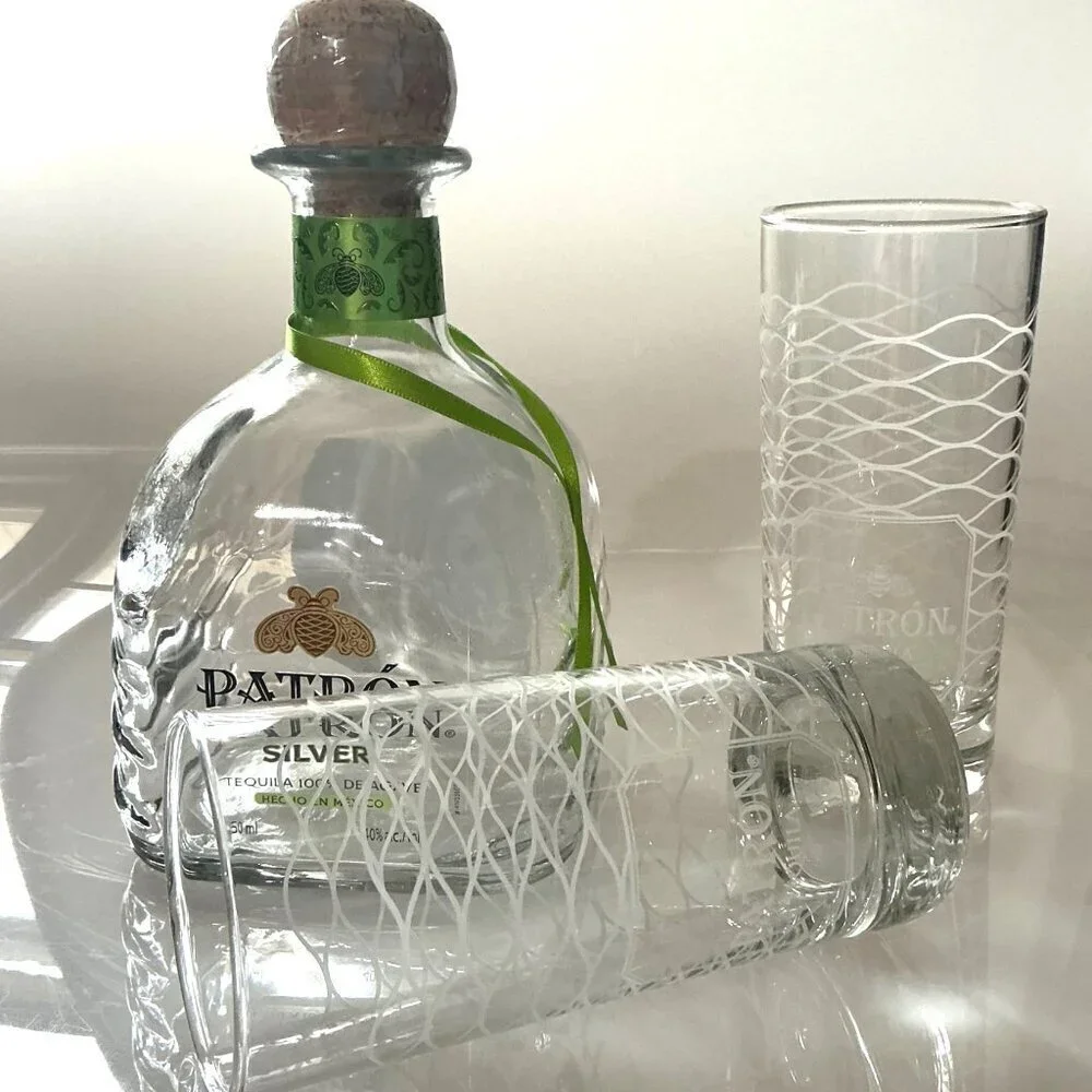 PATRON TEQUILA BOTTLE WITH BAR GLASSES SET NEW BOTTLE DESIGN EMPTY BOTTLE